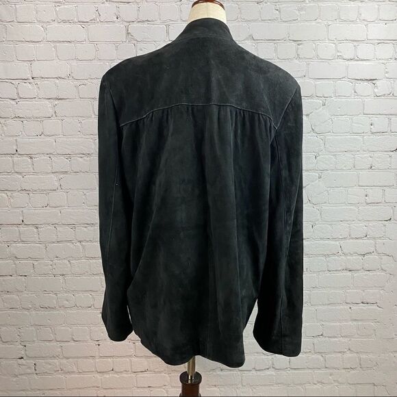 Vintage 90s Artpel Genuine Suede Leather Open Front Black Blazer Jacket Large - Picture 6 of 11